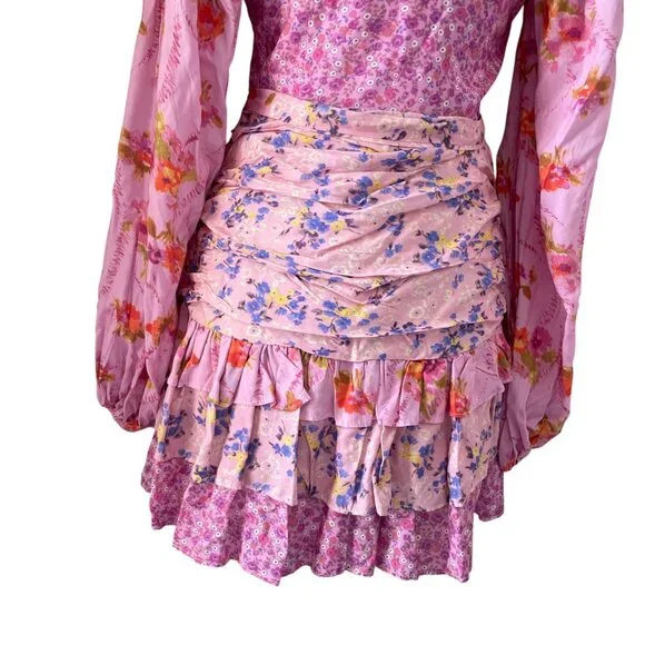 For Love Bell Pink Patchwork Ruffle Mini Dress Boho SZ M - Picture 4 of 16